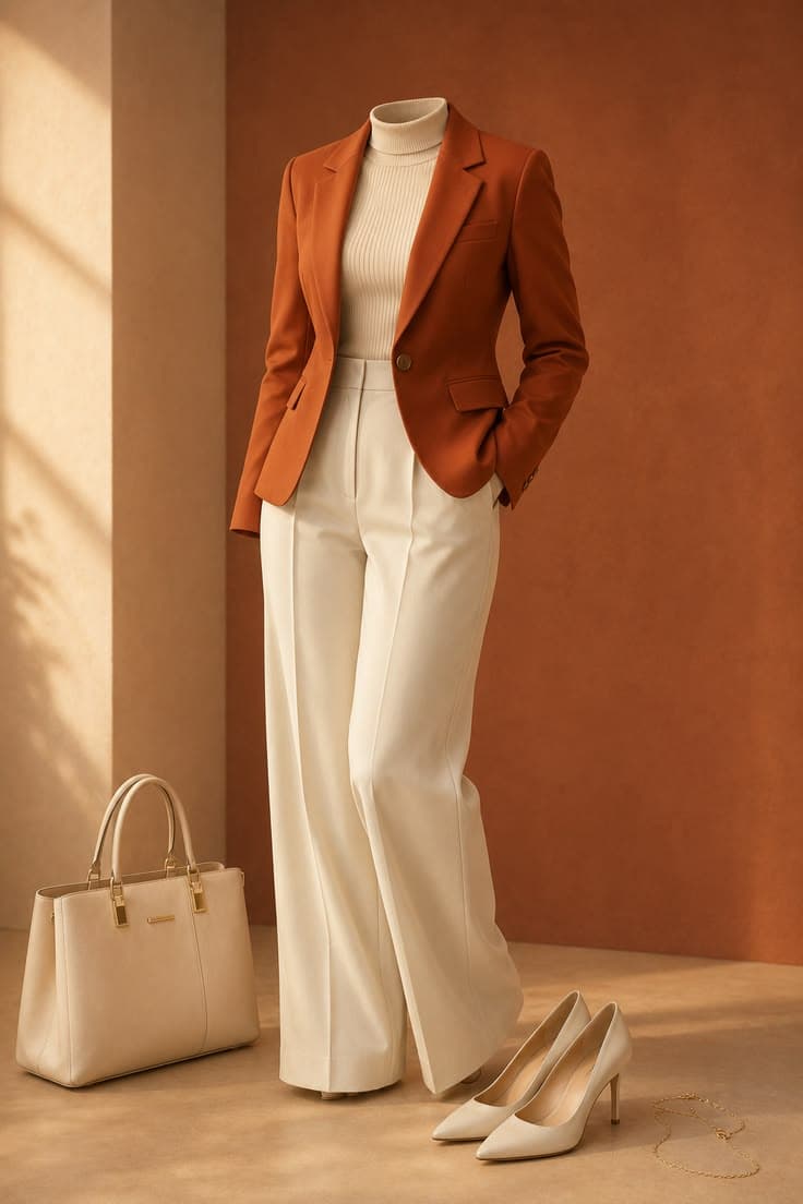 Model wearing a tailored Rustford outfit in neutral tones